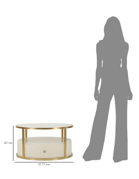 Table basse moderne chic Ronde 1 tiroir 1 étagère en Bois de pin Bois MDF Blanc Métal Doré Shanon 