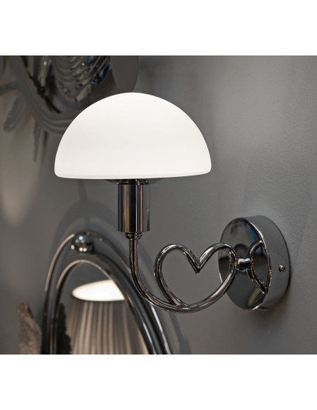 Applique murale Champignon Coeur Hauteur 22 cm en Verre Blanc Métal Argenté Lovy 
