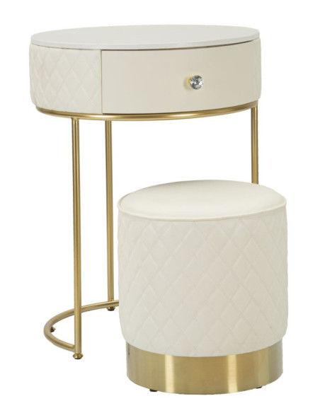Petite Coiffeuse moderne avec tabouret 1 tiroir en Polyuréthane Blanc Matelassé Bois MDF Métal Doré Shanon 