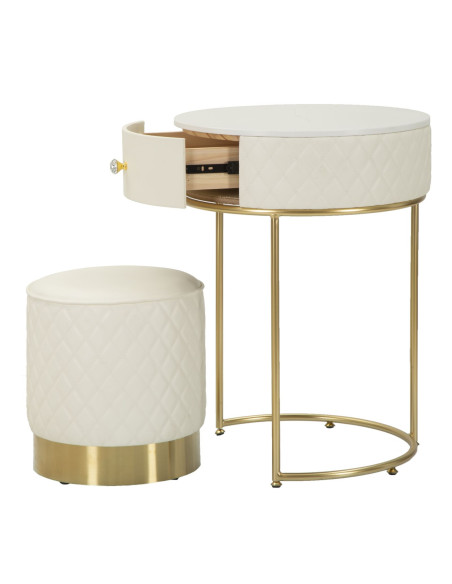 Petite Coiffeuse moderne avec tabouret 1 tiroir en Polyuréthane Blanc Matelassé Bois MDF Métal Doré Shanon 