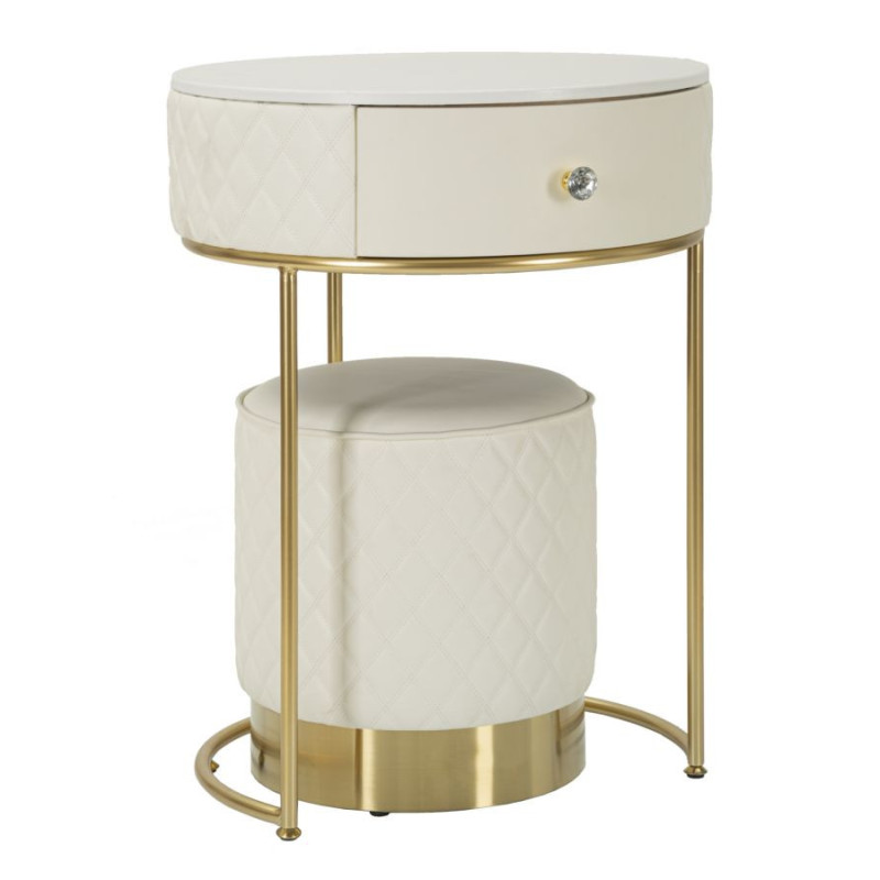 Petite Coiffeuse moderne avec tabouret 1 tiroir en Polyuréthane Blanc Matelassé Bois MDF Métal Doré Shanon 