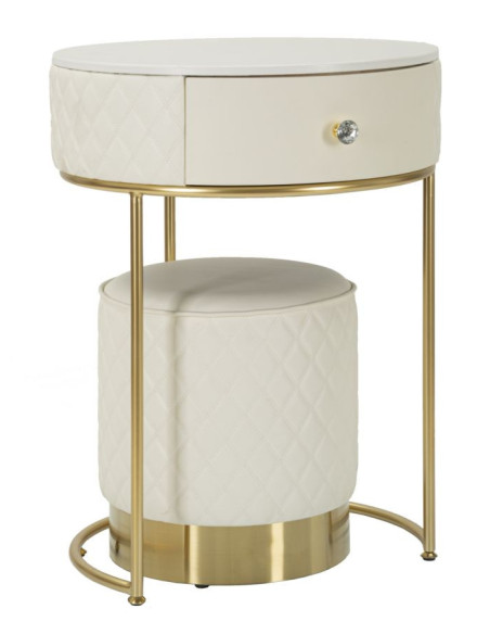 Petite Coiffeuse moderne avec tabouret 1 tiroir en Polyuréthane Blanc Matelassé Bois MDF Métal Doré Shanon 
