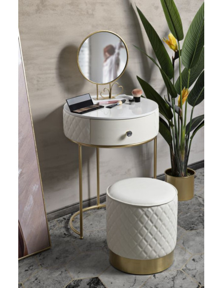 Petite Coiffeuse moderne avec tabouret 1 tiroir en Polyuréthane Blanc Matelassé Bois MDF Métal Doré Shanon 