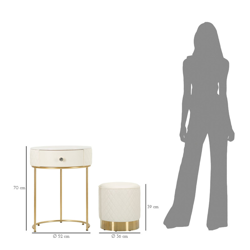 Petite Coiffeuse moderne avec tabouret 1 tiroir en Polyuréthane Blanc Matelassé Bois MDF Métal Doré Shanon 