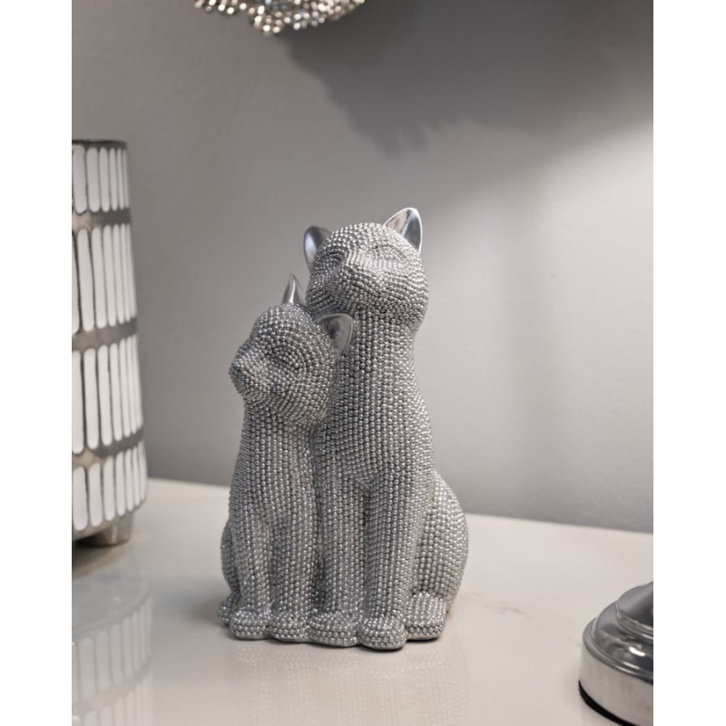 Statuette déco moderne Couple de chats en Résine Argenté Brillant Sparky 