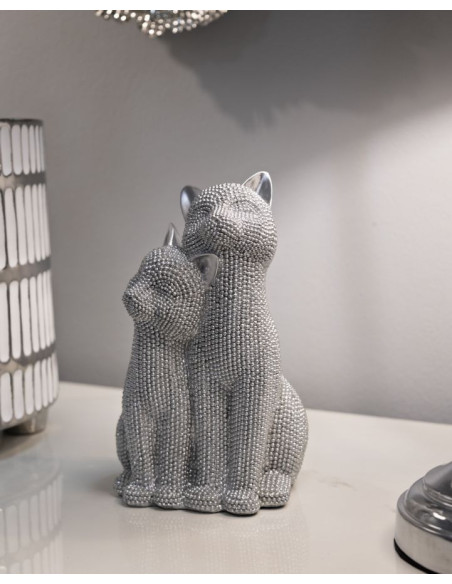 Statuette déco moderne Couple de chats en Résine Argenté Brillant Sparky 