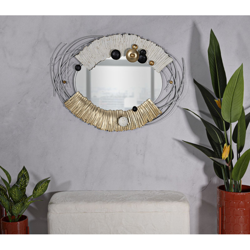 Grand Miroir mural moderne Ovale 114x81 en Métal Doré Blanc Klee 