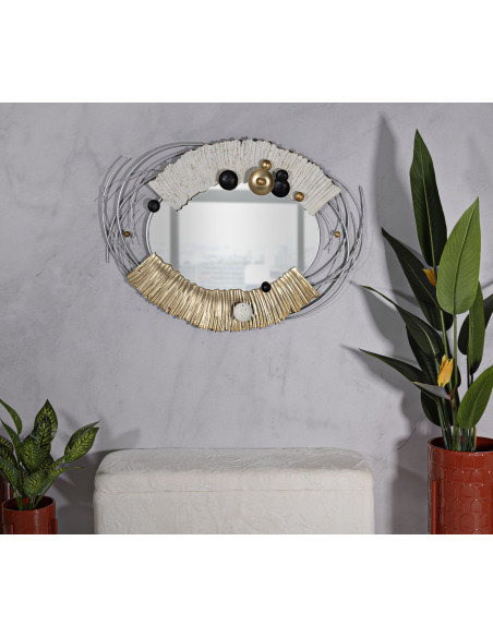 Grand Miroir mural moderne Ovale 114x81 en Métal Doré Blanc Klee 