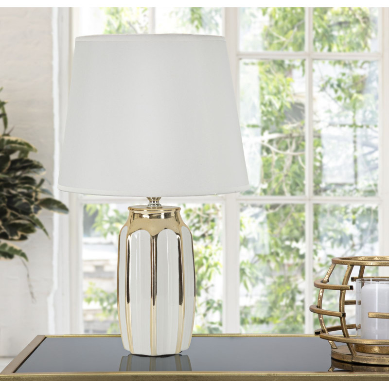 Lampe à poser moderne Hauteur 40 cm en Céramique Métal Doré Tissu Blanc Cassy 