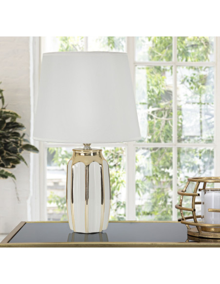 Lampe à poser moderne Hauteur 40 cm en Céramique Métal Doré Tissu Blanc Cassy 