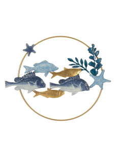 Grande déco murale bord de mer Poissons 77x62 en Métal Bois Marine 