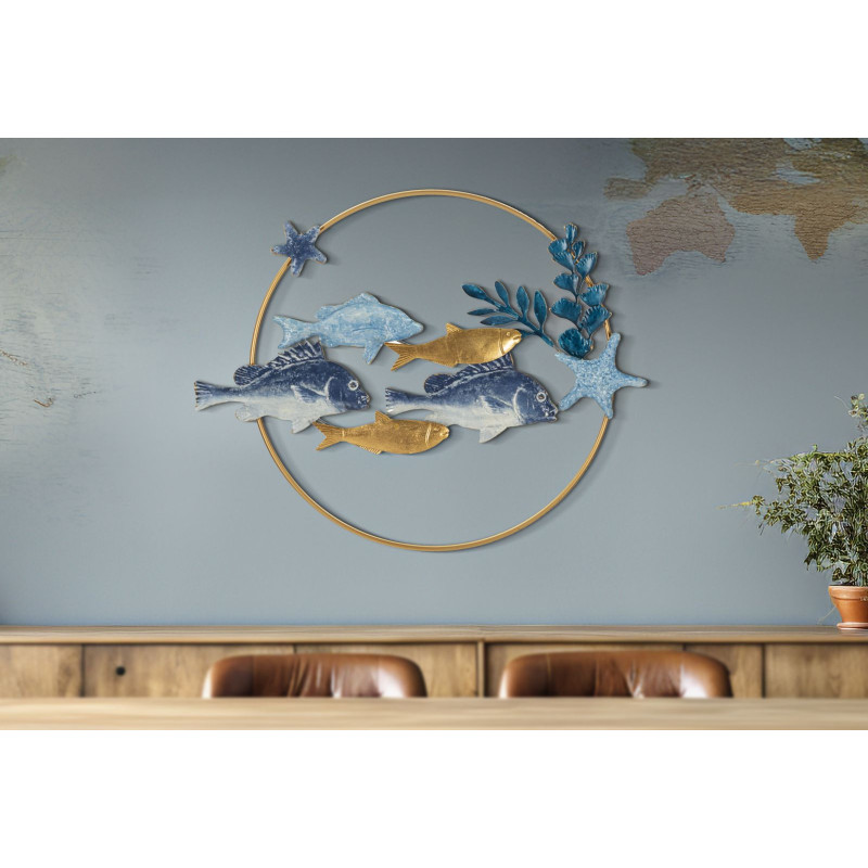 Grande déco murale bord de mer Poissons 77x62 en Métal Bois Marine 