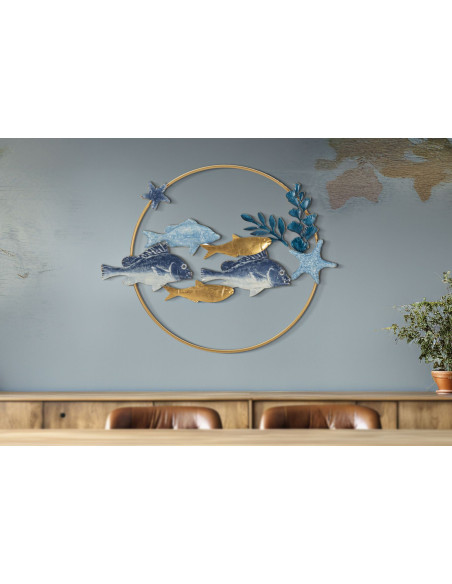 Grande déco murale bord de mer Poissons 77x62 en Métal Bois Marine 
