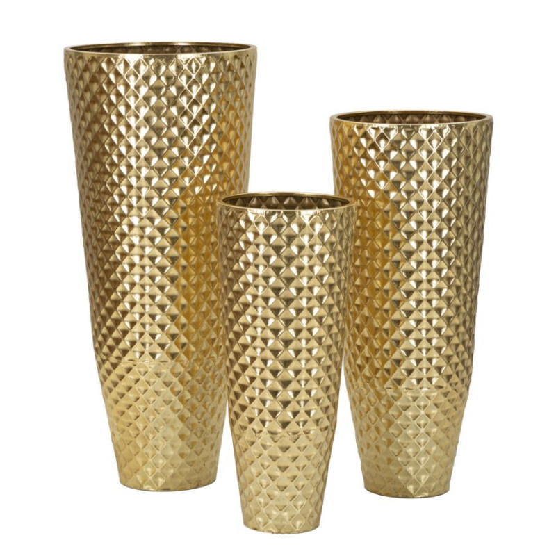 Grand Vase déco haut moderne Rond en Métal Doré Brillant Glotty Tris (Lot de 3) 