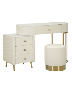 Coiffeuse moderne avec tabouret 4 tiroirs en Polyuréthane Blanc Matelassé Bois MDF Métal Doré Sharon 