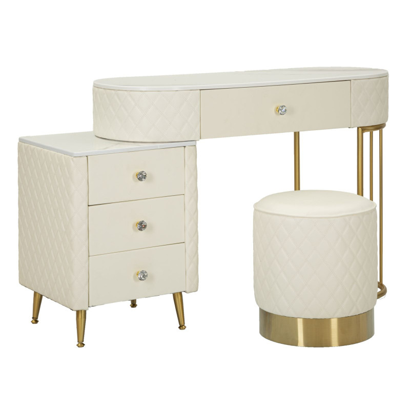 Coiffeuse moderne avec tabouret 4 tiroirs en Polyuréthane Blanc Matelassé Bois MDF Métal Doré Sharon 