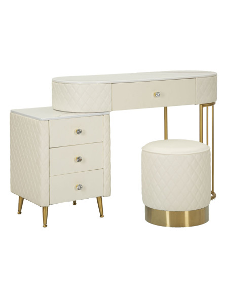 Coiffeuse moderne avec tabouret 4 tiroirs en Polyuréthane Blanc Matelassé Bois MDF Métal Doré Sharon 