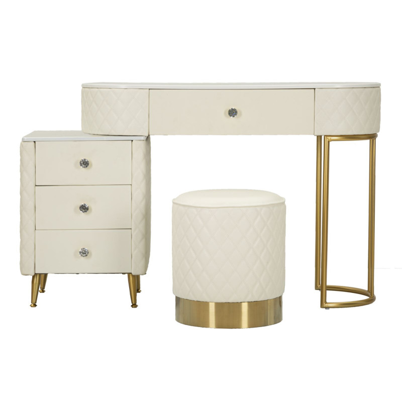 Coiffeuse moderne avec tabouret 4 tiroirs en Polyuréthane Blanc Matelassé Bois MDF Métal Doré Sharon 