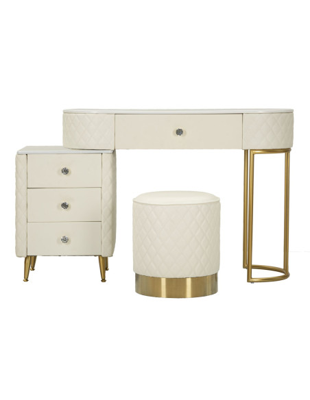 Coiffeuse moderne avec tabouret 4 tiroirs en Polyuréthane Blanc Matelassé Bois MDF Métal Doré Sharon 