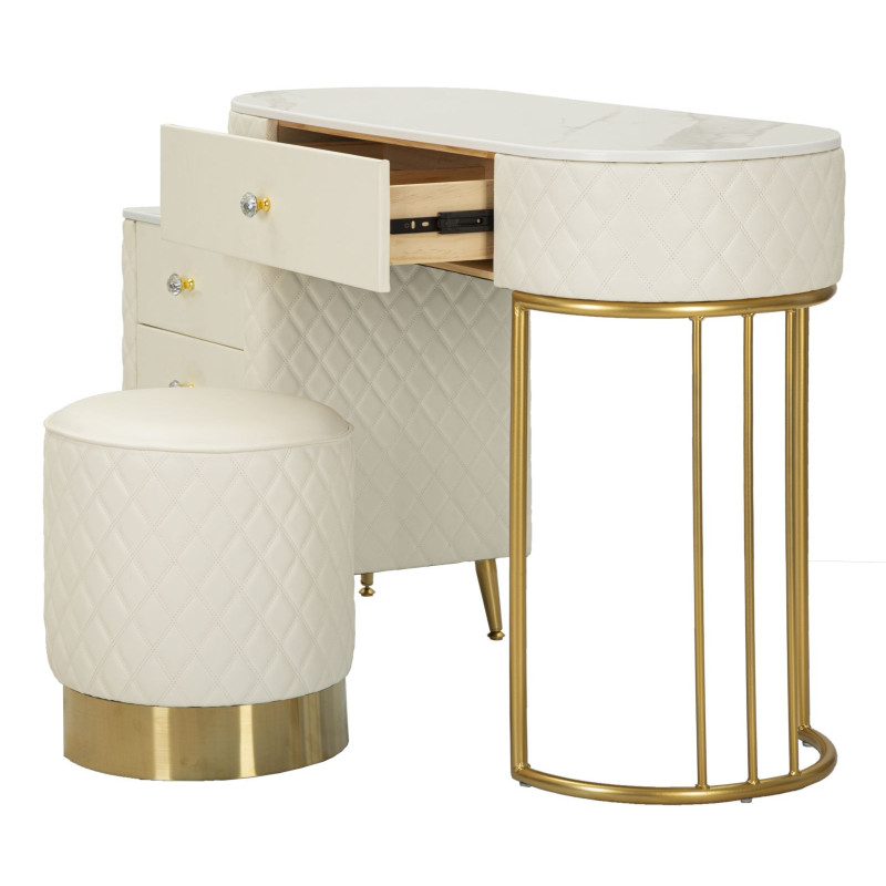 Coiffeuse moderne avec tabouret 4 tiroirs en Polyuréthane Blanc Matelassé Bois MDF Métal Doré Sharon 