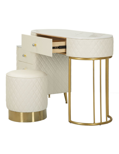 Coiffeuse moderne avec tabouret 4 tiroirs en Polyuréthane Blanc Matelassé Bois MDF Métal Doré Sharon 