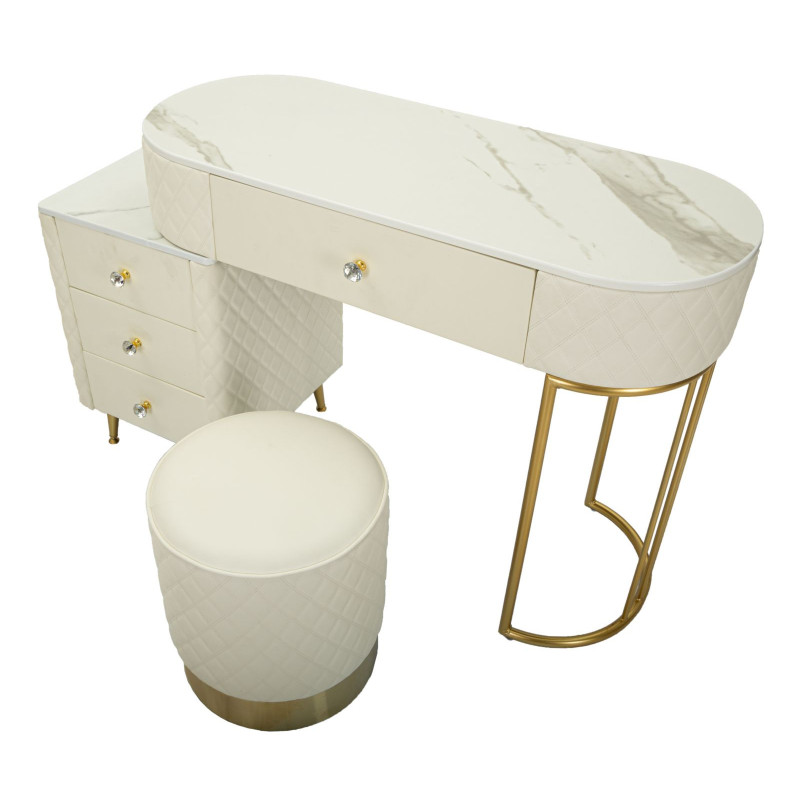 Coiffeuse moderne avec tabouret 4 tiroirs en Polyuréthane Blanc Matelassé Bois MDF Métal Doré Sharon 