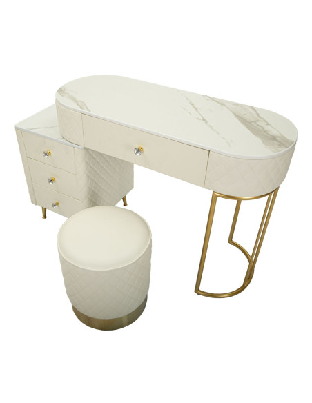 Coiffeuse moderne avec tabouret 4 tiroirs en Polyuréthane Blanc Matelassé Bois MDF Métal Doré Sharon 