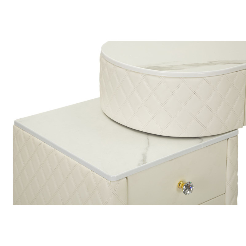 Coiffeuse moderne avec tabouret 4 tiroirs en Polyuréthane Blanc Matelassé Bois MDF Métal Doré Sharon 