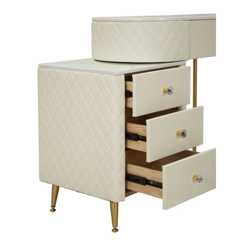 Coiffeuse moderne avec tabouret 4 tiroirs en Polyuréthane Blanc Matelassé Bois MDF Métal Doré Sharon 