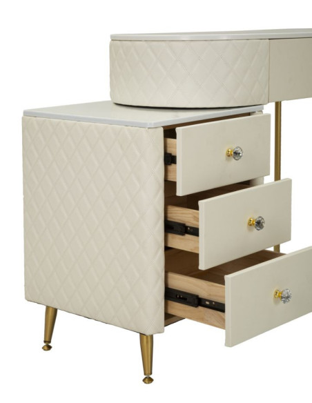 Coiffeuse moderne avec tabouret 4 tiroirs en Polyuréthane Blanc Matelassé Bois MDF Métal Doré Sharon 