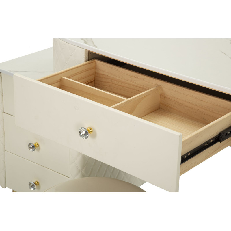 Coiffeuse moderne avec tabouret 4 tiroirs en Polyuréthane Blanc Matelassé Bois MDF Métal Doré Sharon 