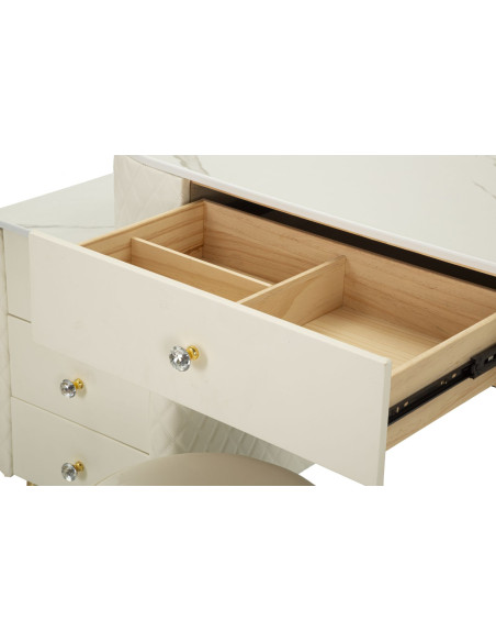 Coiffeuse moderne avec tabouret 4 tiroirs en Polyuréthane Blanc Matelassé Bois MDF Métal Doré Sharon 