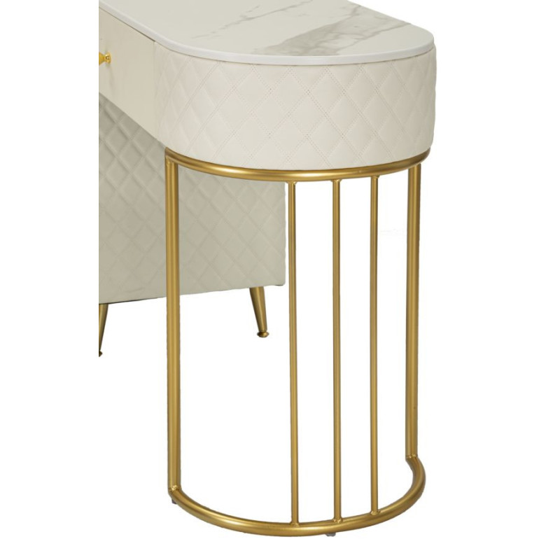 Coiffeuse moderne avec tabouret 4 tiroirs en Polyuréthane Blanc Matelassé Bois MDF Métal Doré Sharon 