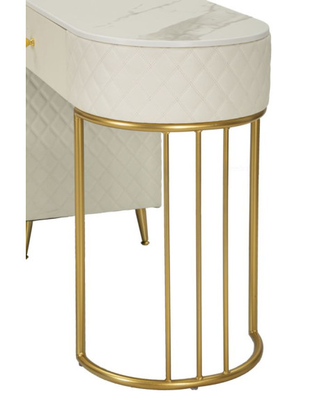 Coiffeuse moderne avec tabouret 4 tiroirs en Polyuréthane Blanc Matelassé Bois MDF Métal Doré Sharon 