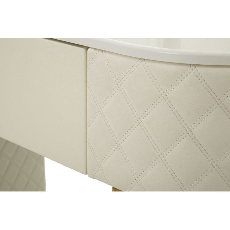 Coiffeuse moderne avec tabouret 4 tiroirs en Polyuréthane Blanc Matelassé Bois MDF Métal Doré Sharon 