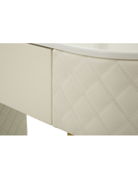 Coiffeuse moderne avec tabouret 4 tiroirs en Polyuréthane Blanc Matelassé Bois MDF Métal Doré Sharon 