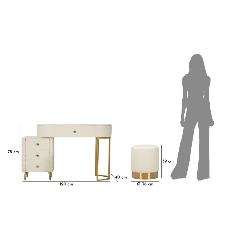 Coiffeuse moderne avec tabouret 4 tiroirs en Polyuréthane Blanc Matelassé Bois MDF Métal Doré Sharon 