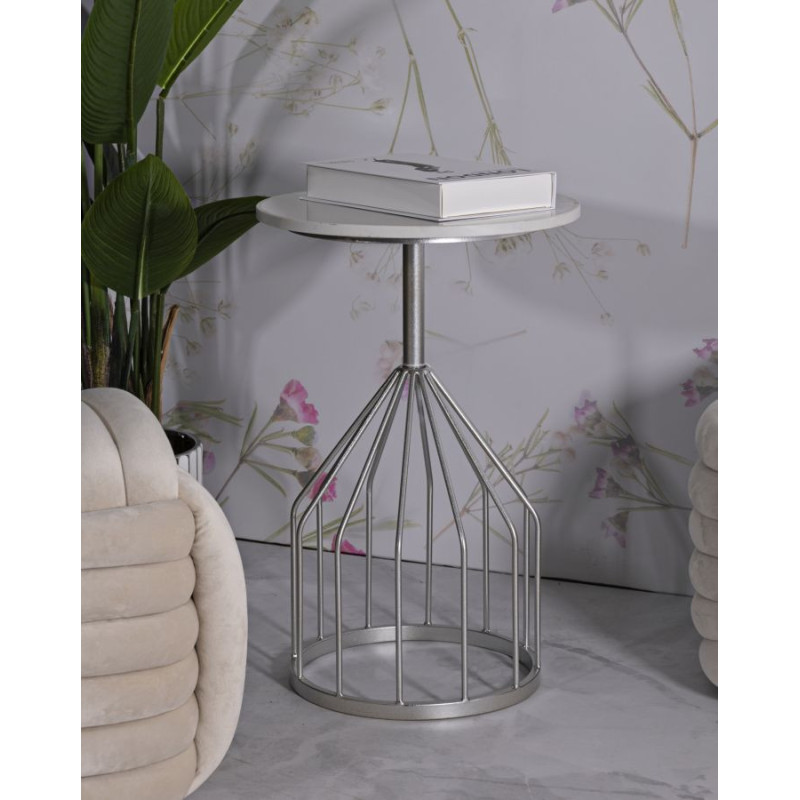 Sellette haute moderne Ronde en Marbre Blanc Métal Argenté Cup 