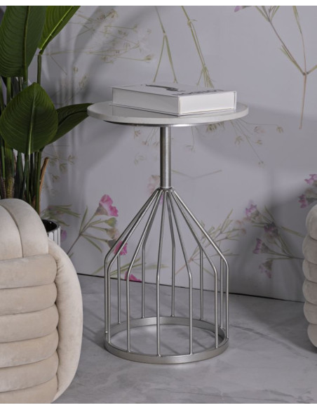 Sellette haute moderne Ronde en Marbre Blanc Métal Argenté Cup 