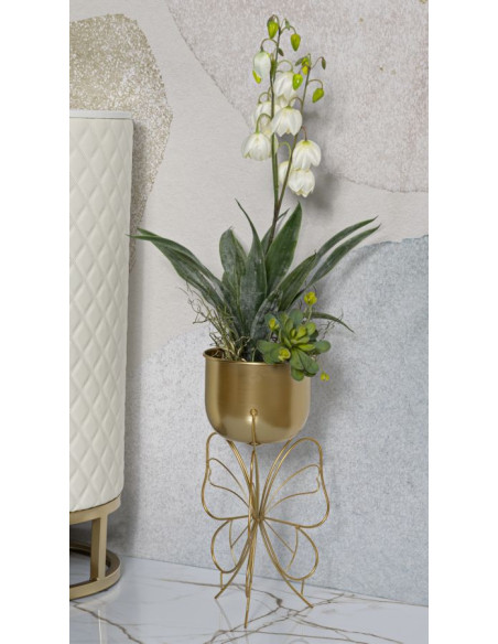 Cache-pot sur pied moderne Papillon Rond Hauteur 45 cm en Métal Doré Farfy 