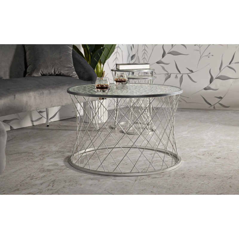 Table basse moderne avec table d'appoint gigogne Ronde en Métal Argenté Verre Noah (Lot de 4) 