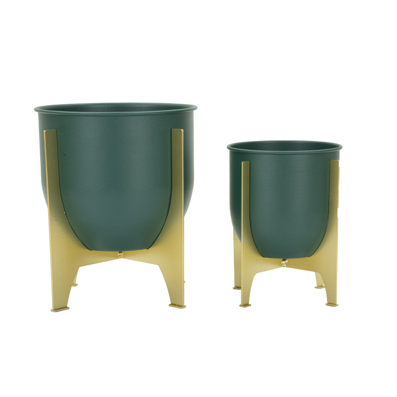 Cache-pot sur pied design moderne Rond en Métal Vert Doré Grent (Lot de 2) 
