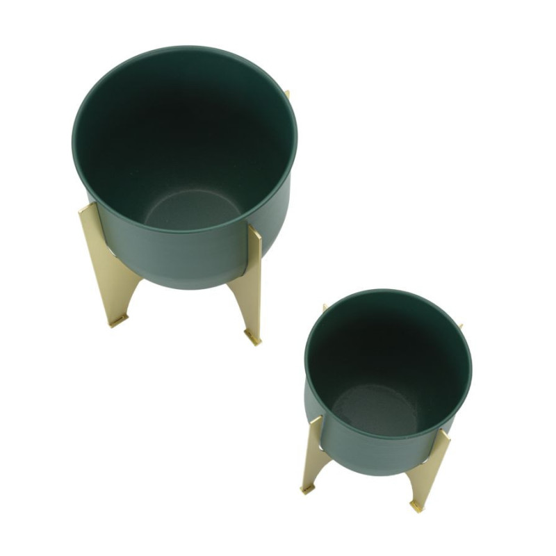 Cache-pot sur pied design moderne Rond en Métal Vert Doré Grent (Lot de 2) 