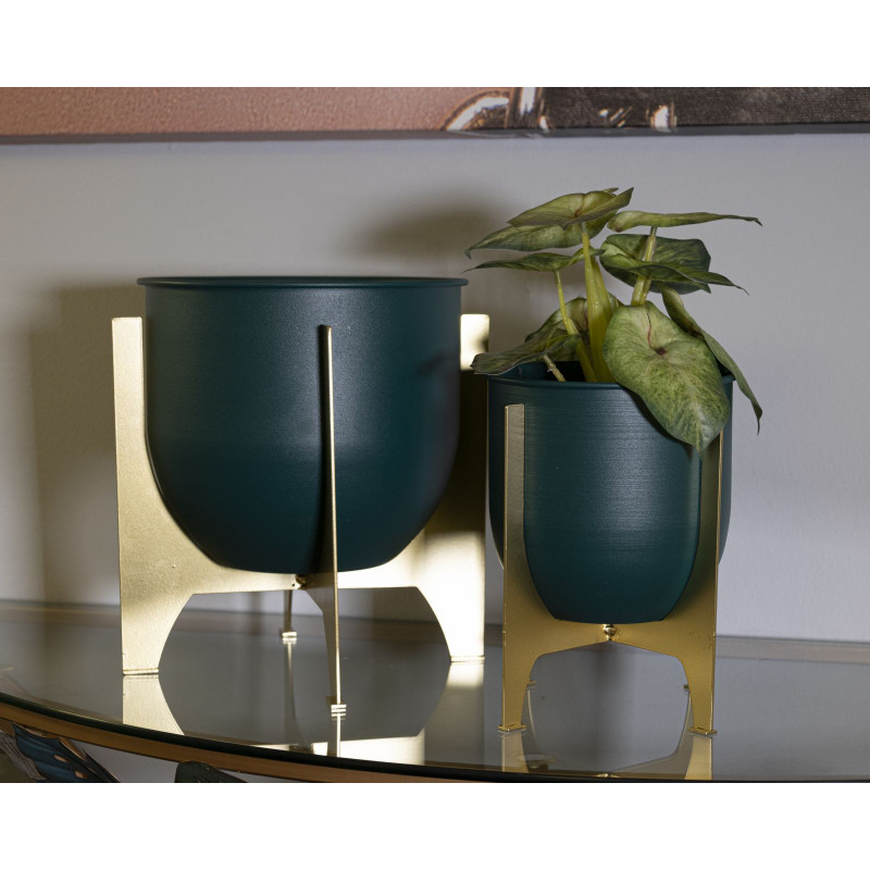Cache-pot sur pied design moderne Rond en Métal Vert Doré Grent (Lot de 2) 