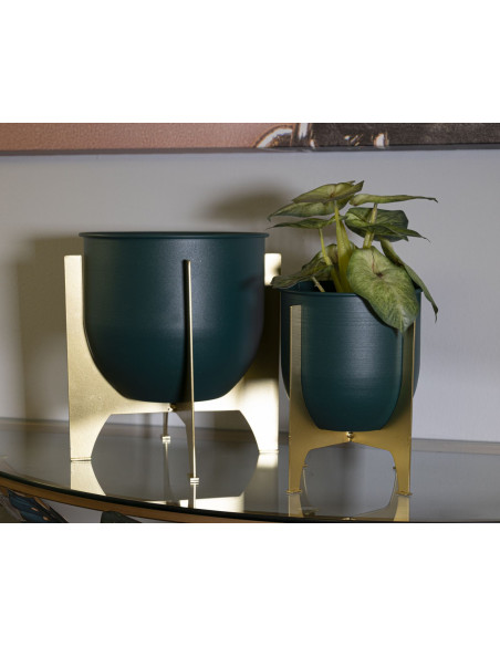 Cache-pot sur pied design moderne Rond en Métal Vert Doré Grent (Lot de 2) 