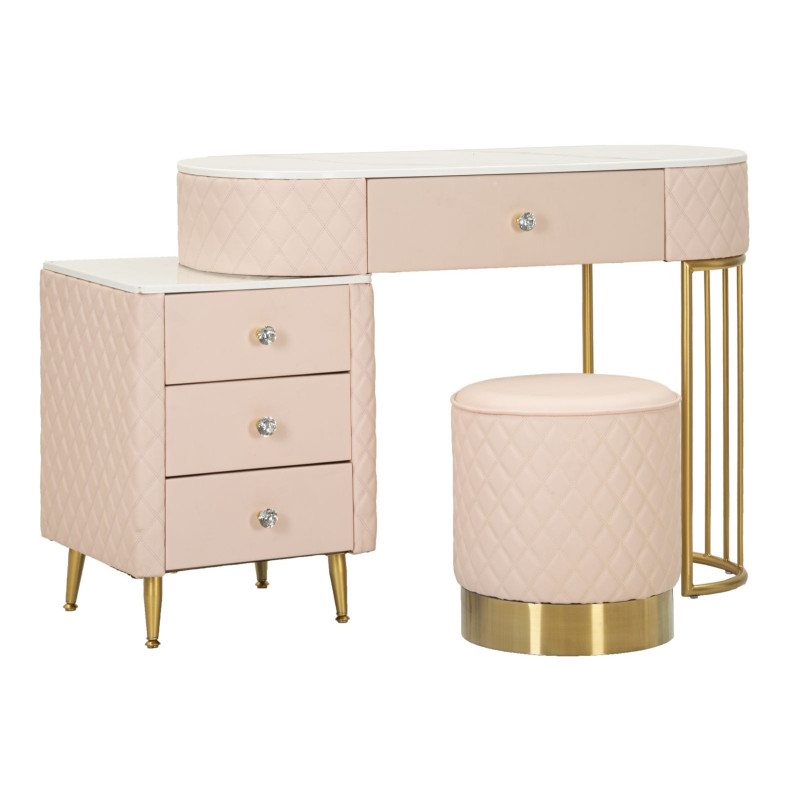Coiffeuse moderne avec tabouret 4 tiroirs en Polyuréthane Rose Matelassé Bois MDF Métal Doré Sharon 