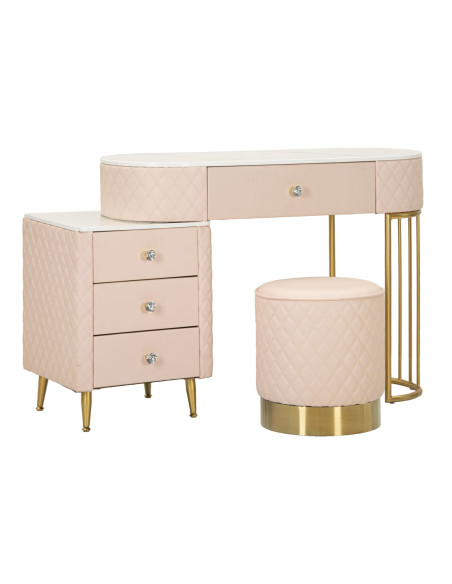 Coiffeuse moderne avec tabouret 4 tiroirs en Polyuréthane Rose Matelassé Bois MDF Métal Doré Sharon 