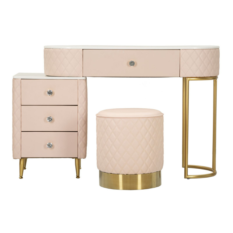 Coiffeuse moderne avec tabouret 4 tiroirs en Polyuréthane Rose Matelassé Bois MDF Métal Doré Sharon 