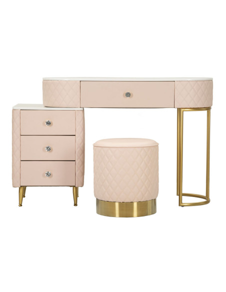 Coiffeuse moderne avec tabouret 4 tiroirs en Polyuréthane Rose Matelassé Bois MDF Métal Doré Sharon 