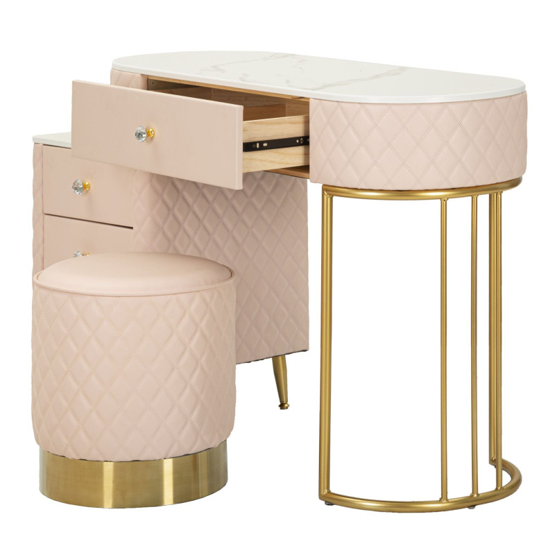 Coiffeuse moderne avec tabouret 4 tiroirs en Polyuréthane Rose Matelassé Bois MDF Métal Doré Sharon 